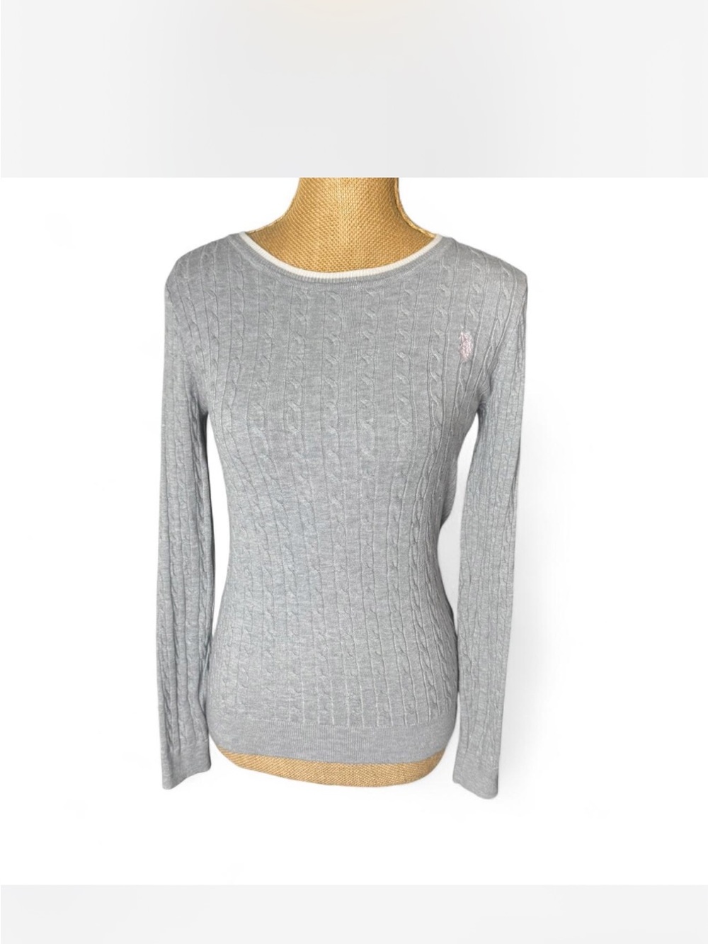 U.S. Polo Assn. Light Gray Cable-Knit Crewneck Sweater with White Trim